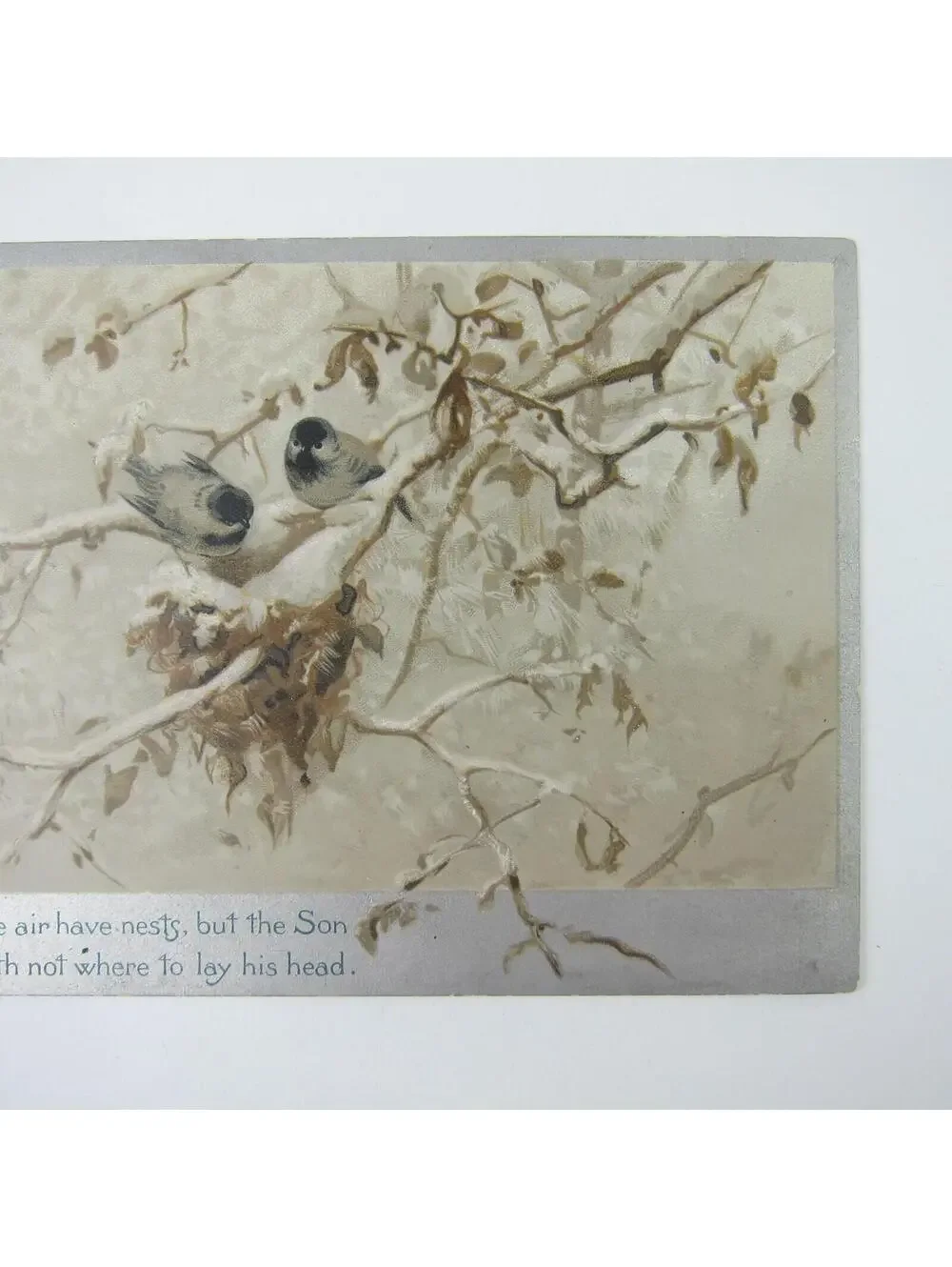 Victorian Greeting Card Birds in Tree Religious Silver Border Antique 1884